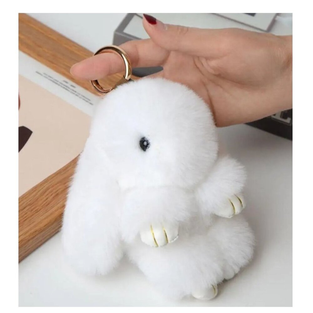 White Bunny Plush Keychain Bag Charm – Soft Furry Rabbit Accessory